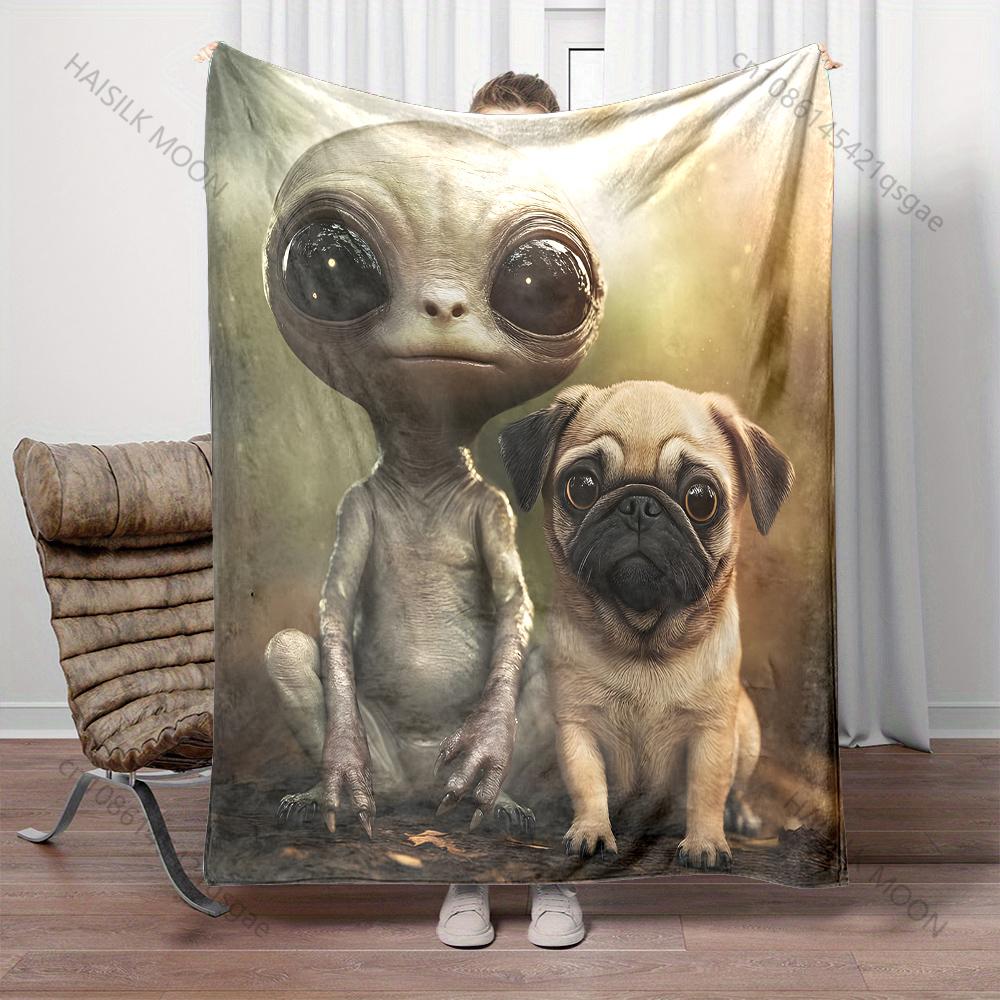 1PC Cute Pug and Alien Design Pattern Blanket Flannel Material Soft Warm for All Seasons, Home Outdoor Camping Picnics RV