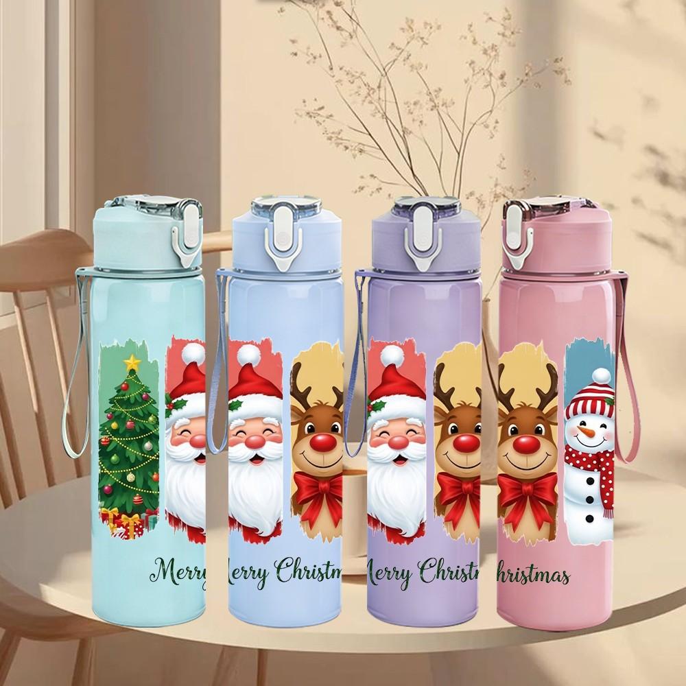 1PC Christmas Sock Gift Festive Print 750ml Color Plastic Sports Water Bottle Leakproof Flip Straw Lid Suitable for Sports Office Home Use