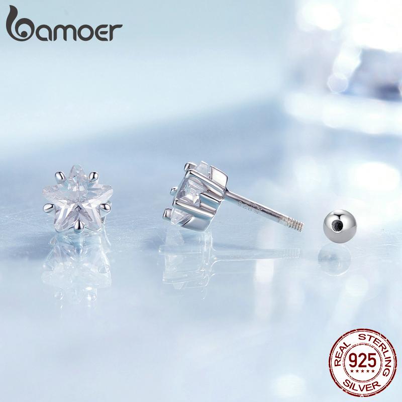 BAMOER, серьги-гвоздики из стерлингового серебра 925 пробы с кристаллами и звездами, серьги-гвоздики с кубическим цирконием для женщин, романтические изящные ювелирные изделия, подарок