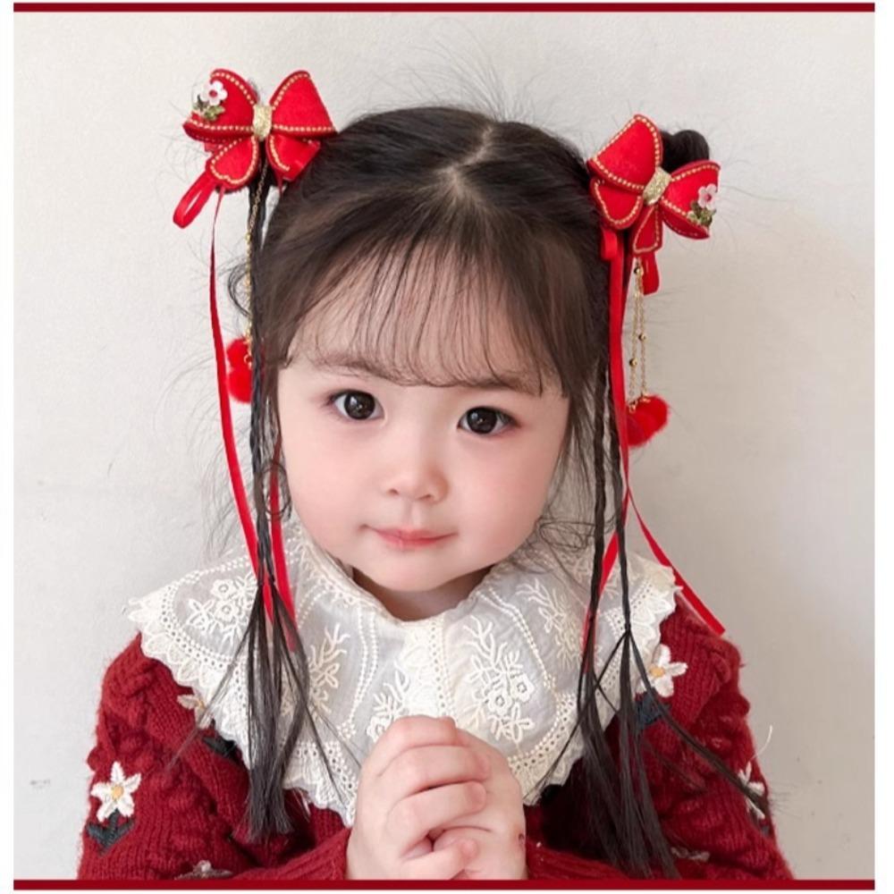 2pcs Hanfu Headdress Children Red Hairclip Flower Tassel Bow Wig Braid Hairpin New Year Headwear