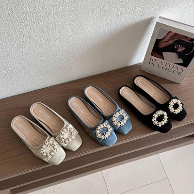 Мода 2025 Весна/Лето Новая Мода Стразы Пуговица Обувь на плоской подошве Сатиновые туфли с мелким вырезом Повседневная женская обувь