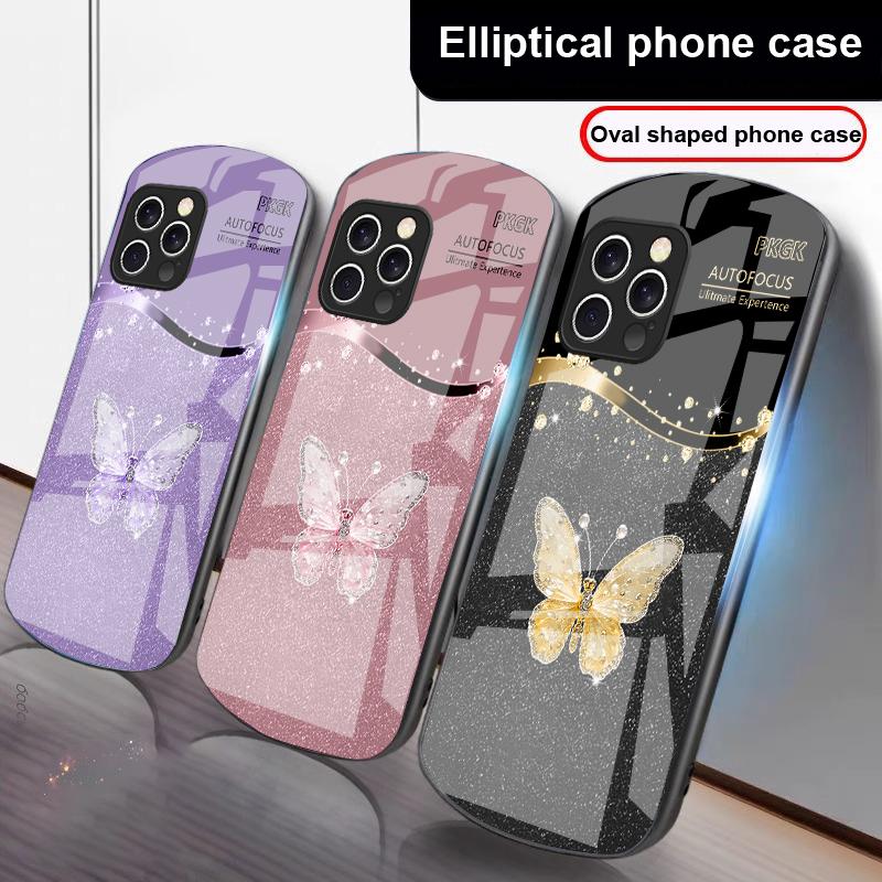 Gradient Diamond Butterfly For IPhone 16 Pro Max 16e 15 Pro 14 13 12 Mini 11 XS Max XR 7 8 Plu SE 22 Elliptical glass phone case