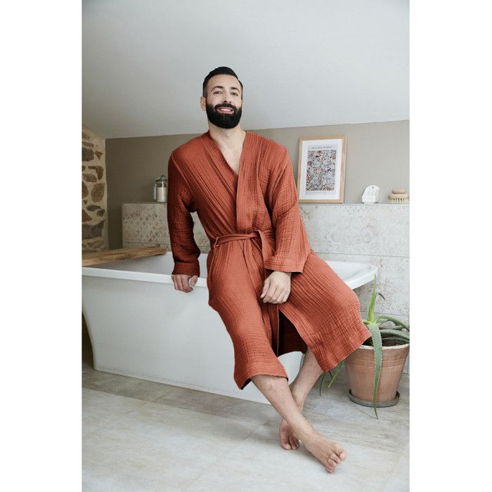 Peignoir kimono mixte Gaze de coton unie Gaïa - Gaïa Terracotta - Taille L/XL