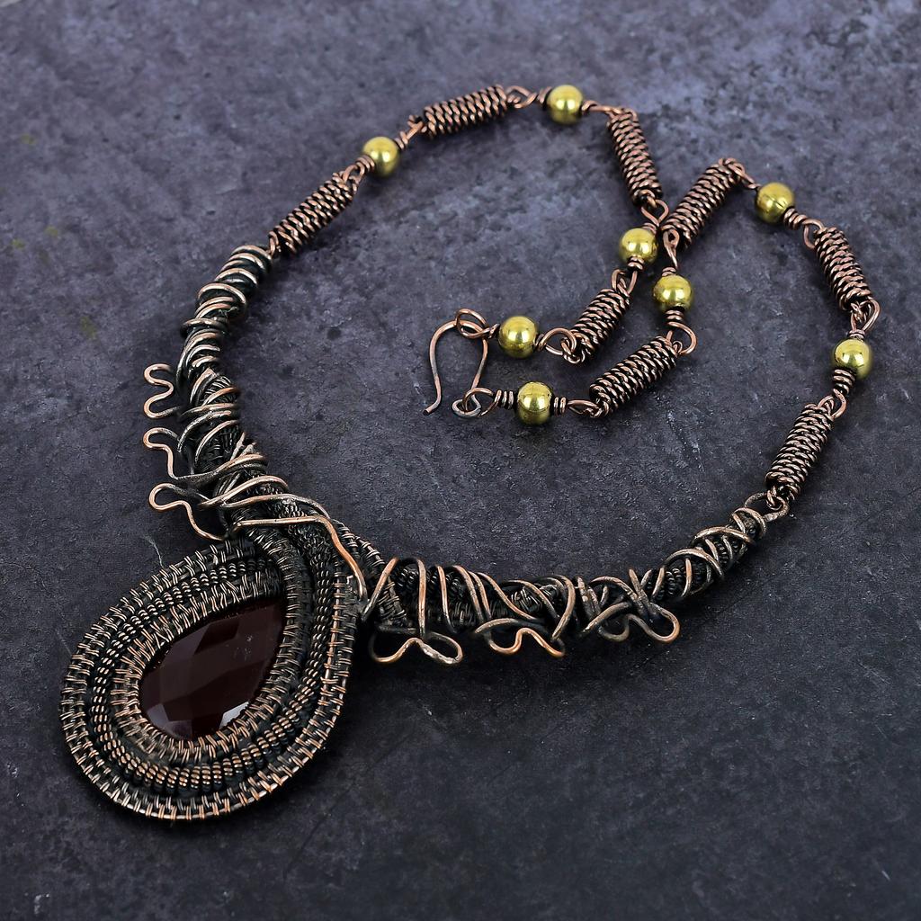 Kashmir Red Ruby Gemstone Handmade Copper Wire Wrap Jewelry Necklace 18" Y6M73