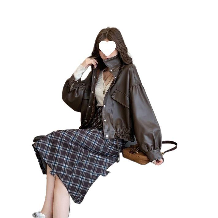 Женская модная свободная кожаная мотоциклетная куртка с рубашечным воротником и кулиской - Корейский стиль