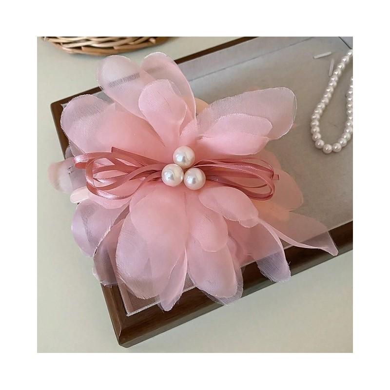 Large Tulle Bow With Pearls Clip Buckle Hair Ornament Pink