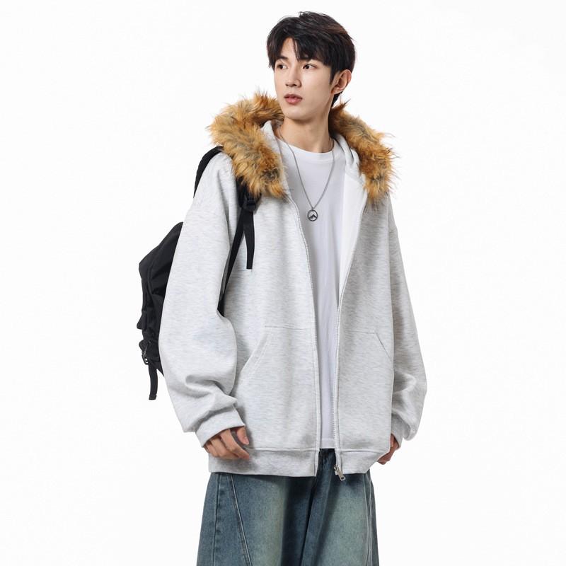 Womens Retro Faux Fur Collar Hooded Cropped Sweatshirt Oversized Fit Fall Winter Streetwear