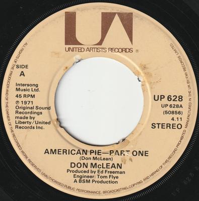 7-дюймовая пластинка ДОН МАКЛИН - Американский пирог - Часть первая UP628 United Artists 1979 США Рок Б/У