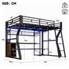 Loft Bed, 140 x 200 cm, Iron Frame, with Light Strip, Power Outlet, Clothes Hanging, Desk, Storage, Open Space Under Bed, without Mattress, Black