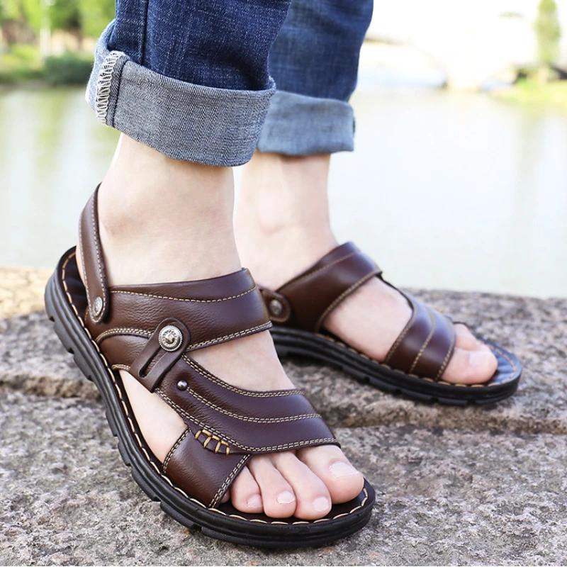 Men's Summer Sandals and Slippers Men's Leather Sandals Adult Thick-soled Beach Shoes Non-slip Open-toe Leather Sandals Hombre