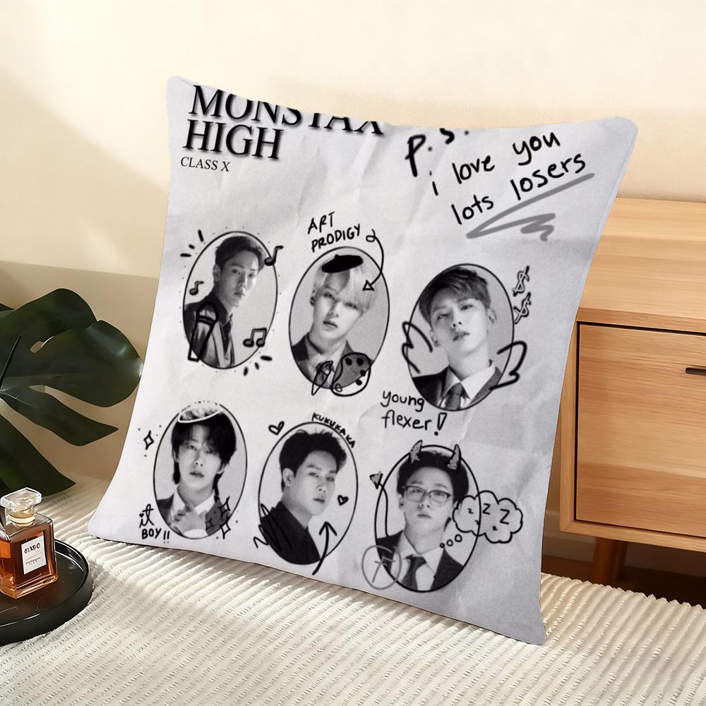 Подушка с принтом K-POP группы Monsta X, шелковистая коротковорсовая, для дивана, с потайной молнией, элемент домашнего декора