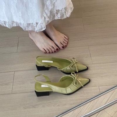 Летняя мода Сандалии женские с острым носком и бантом-бабочкой, повседневные на низком каблуке, с ремешком на пятке, женские туфли в стиле кэжуал для платья, уличный стиль