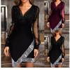 Deep V-neck Gauze Patchwork Black Burgundy Red Spring Summer Perspective Sleeve Hem Silvery Bright Silk Ladies Shiny Dresses