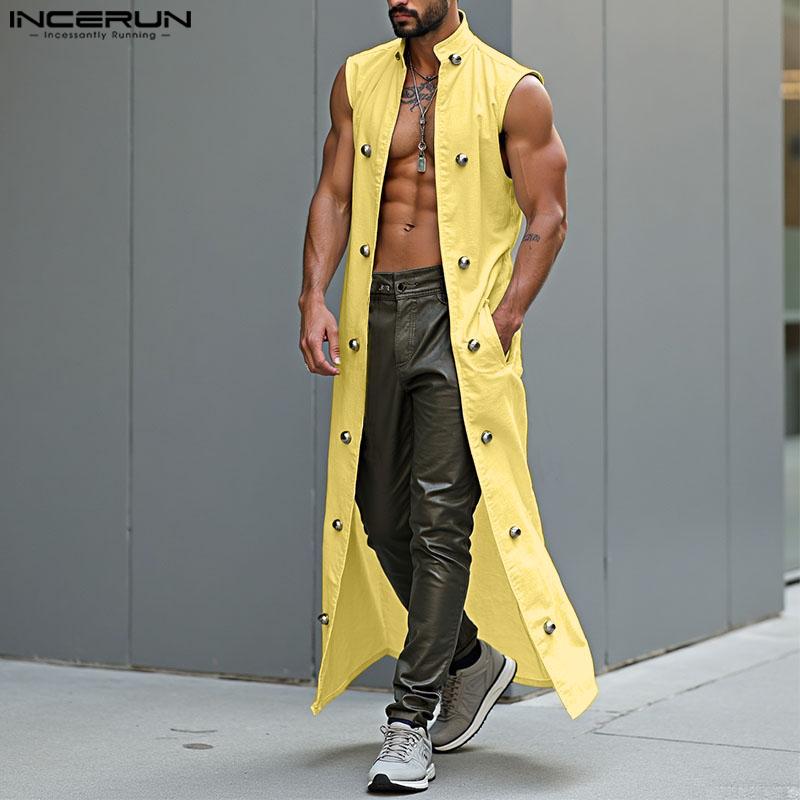 INCERUN Мужской кардиган без рукавов с воротником-стойкой, открытый спереди, с декоративными пуговицами, повседневный, длинный