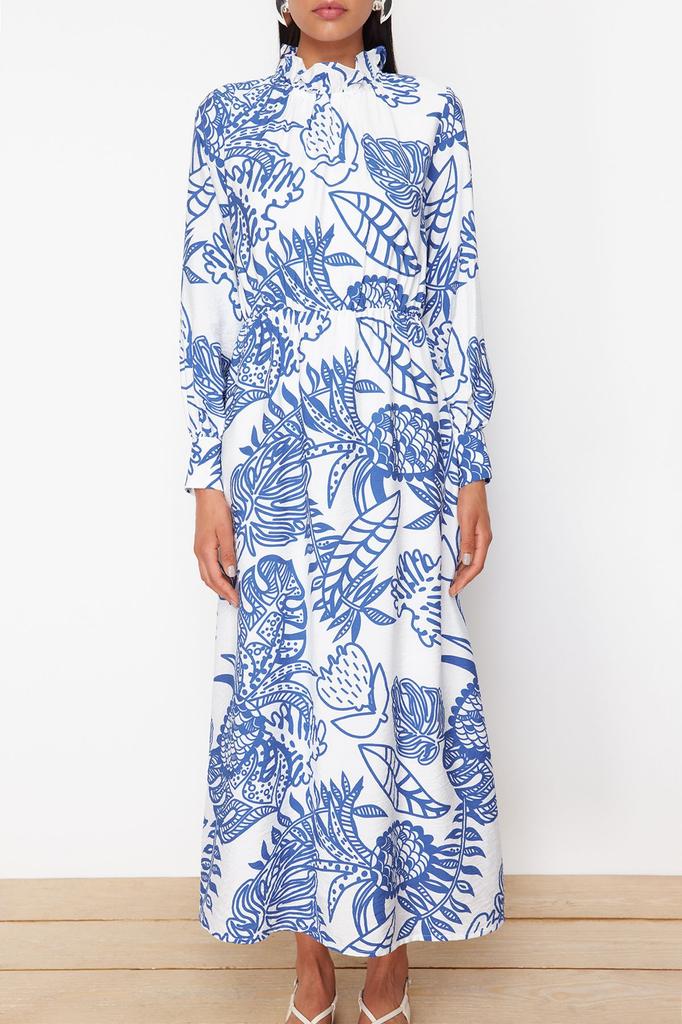 Women's Style Hijab Dress Blue Floral Woven Viscose Dress