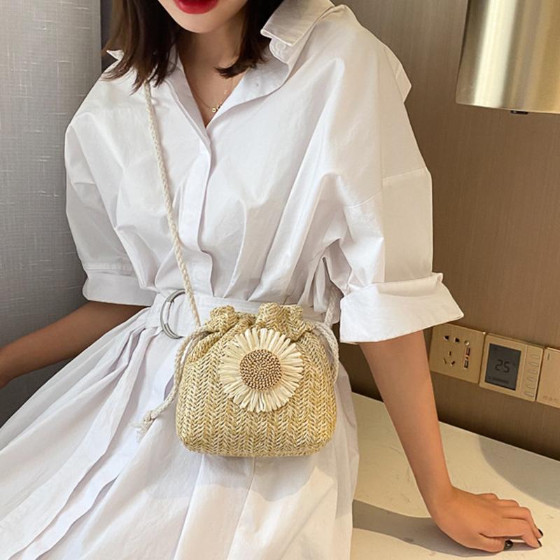Casual Straw Crossbody Shoulder Bag Women Woven Beach Bag for Ladies Rattan Handmade Knitted Small Bucket Handbag Purse