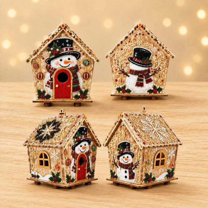Christmas Art House Project, 1 Set with Raised Holiday Artwork and a Flat Base for Table, Cabinet, or Window Display