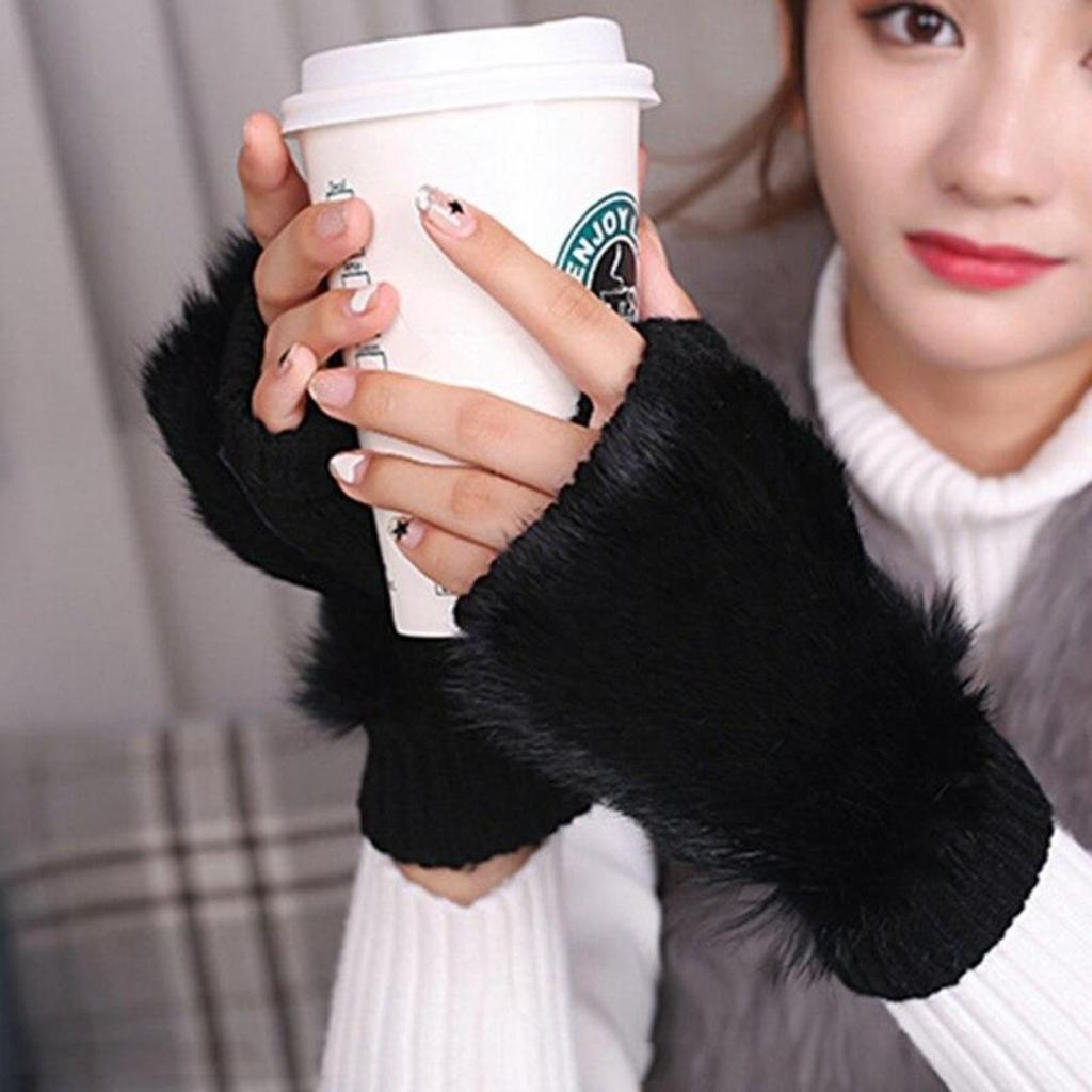 Winter Women's Warm Fluff Knitted Gloves Soft Half Finger Gloves Rabbit Fur Mittens