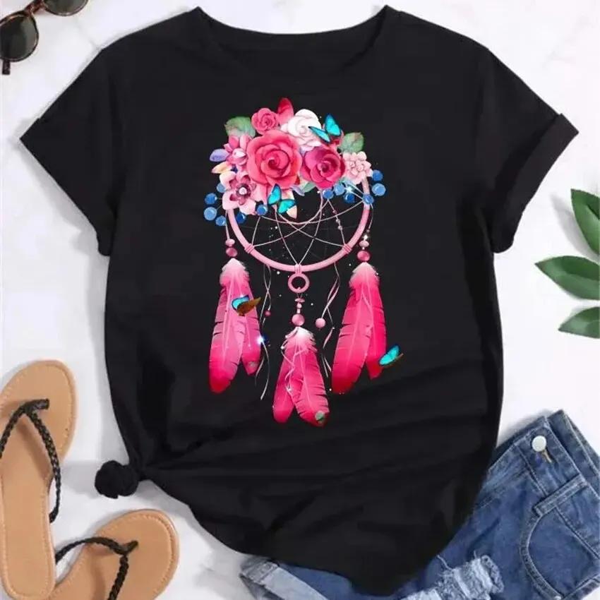 90S Feather Dreamcatcher Women Fashion T Shirt Harajuku Graphic Tees Shirt Femme Dream Catcher Women's T-shirt Clothes Tops Tee