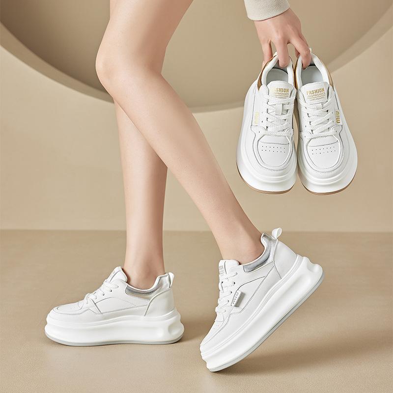 Thick-Soled Leather White Shoes Women's New Spring Versatile Single-Layer Shoes Platform Sneakers Height Increasing Insole Casual Sneakers