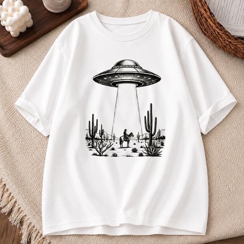 UFO Western Cowboy TShirt Summer Casual Short Sleeve Top Vintage UFO Cowboy Shirt Gift Tee Y2K Retro 90s Western TShirt