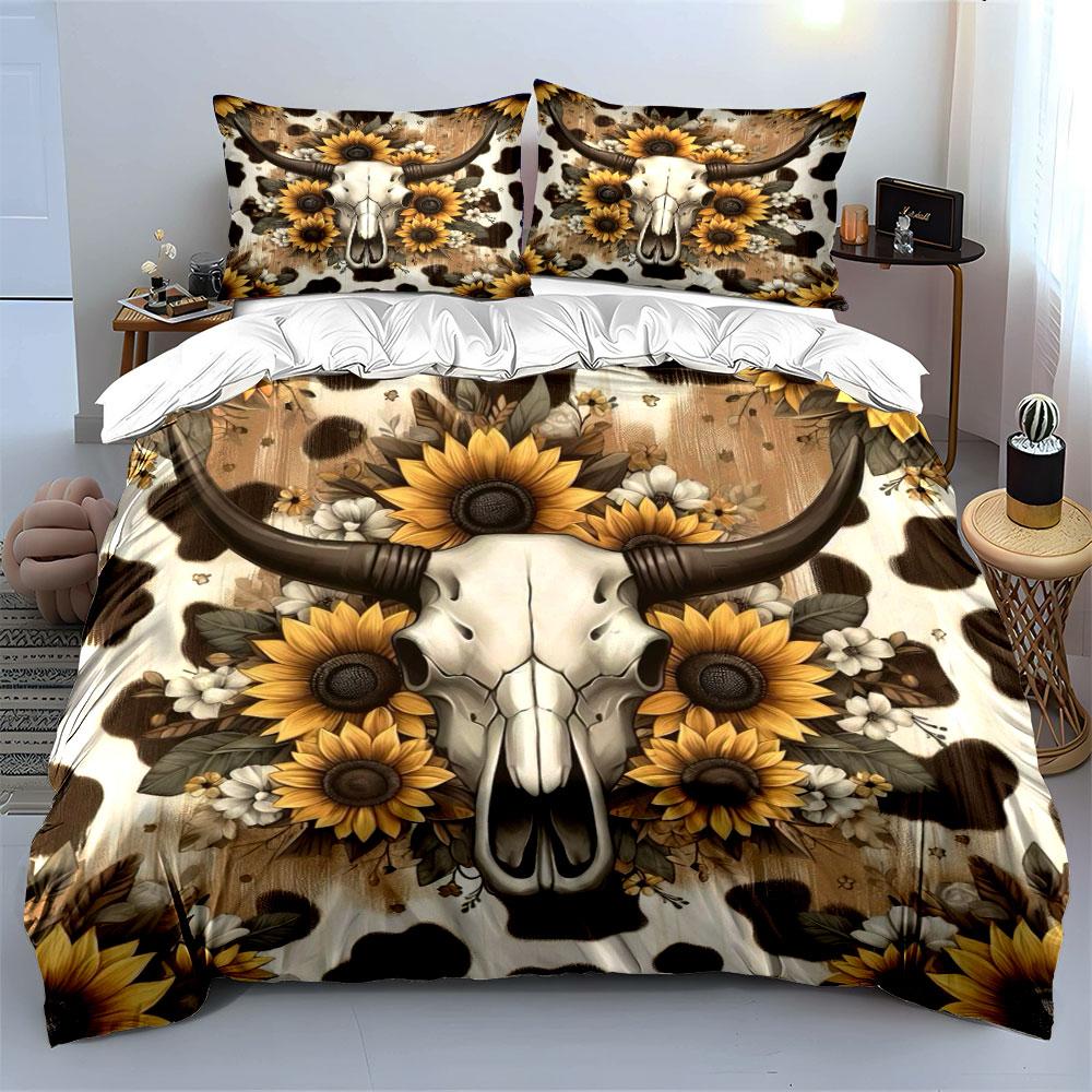 Cow Skull & Sunflower Pattern Bedding Duvet Cover Set Duvet Cover Pillowcases (1 * Duvet Cover 2 * Pillowcases, without duvet insert)