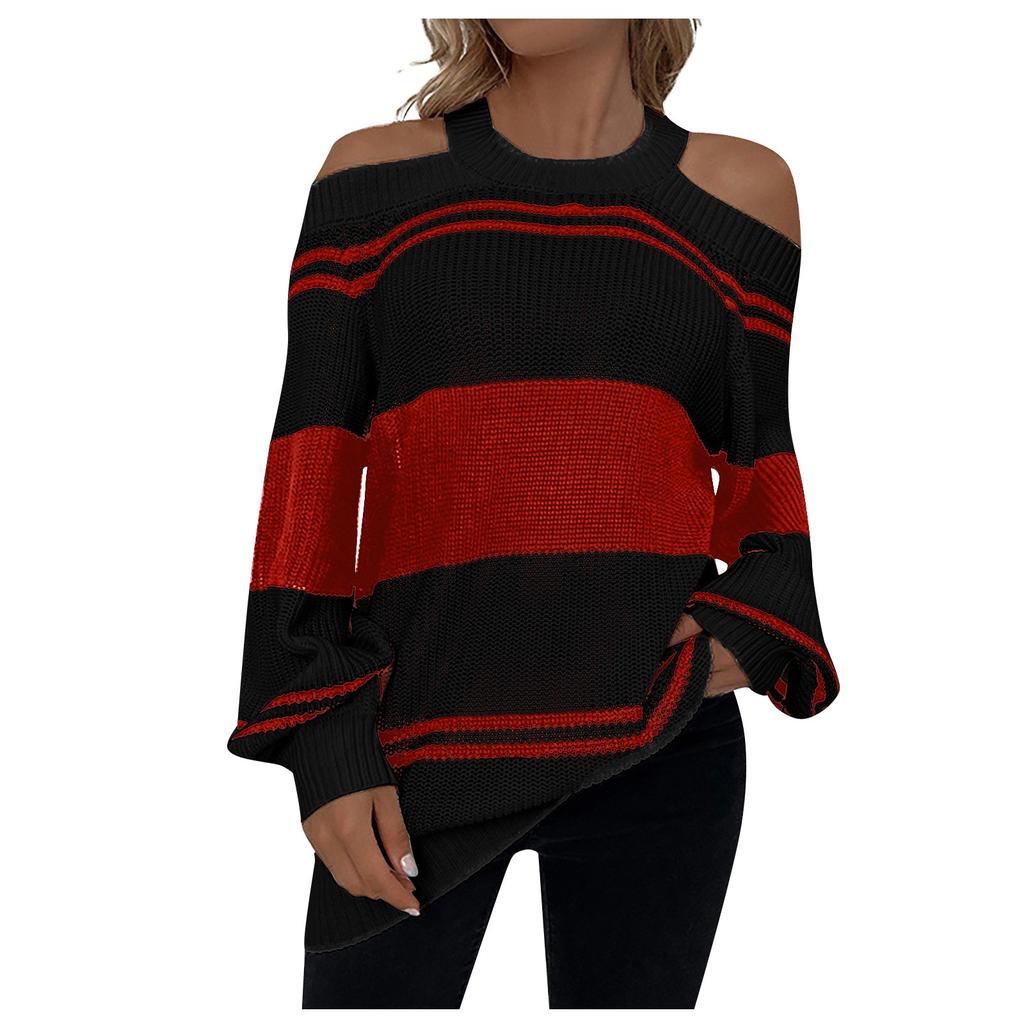 Женский повседневный модный вязаный свитер контрастного цвета с длинными рукавами