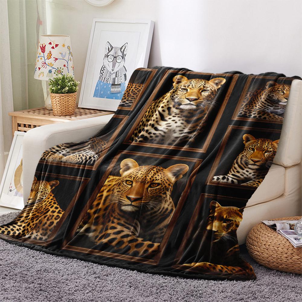 1Pc Lepoard Puzzle Print Flannel Blanket, High quality Comfortable for All Seasons, Home Decor, Warmth and Comfort, Perfect for Christmas Gifts