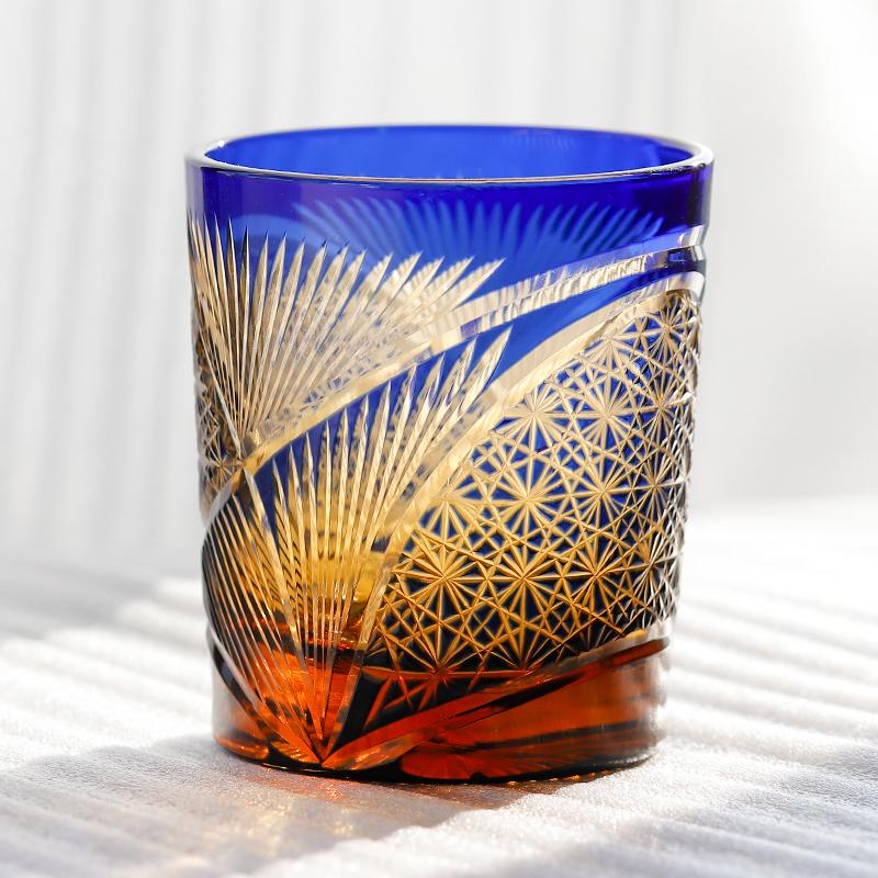 Handmade Japanese Style Edo Kiriko Whiskey Glass Tumbler Colored Hand Cut To Clear Glasses Color Tinted Old Fashioned Glasses