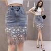 2024 Summer Korean High-Waist Sequin Tassel Denim Bodycon Mini Skirt for Women