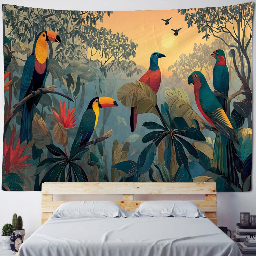 Flower bird butterfly tapestry, peacock cat wall hanging, fabric decoration painting, animal background poster, home decoration
