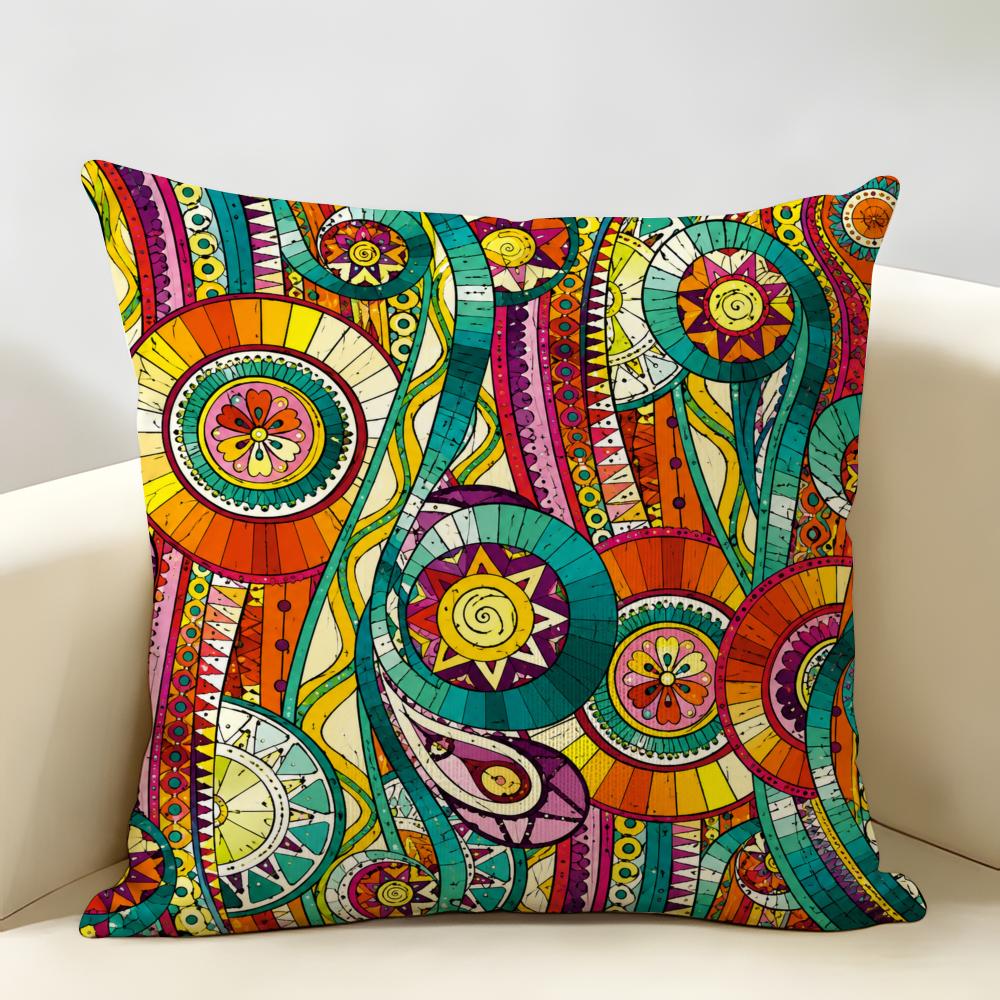 Colorful Vivid Circle Pattern Cushion Cover Durable Hypoallergenic Organic Linen Short Pillow Cover Washable