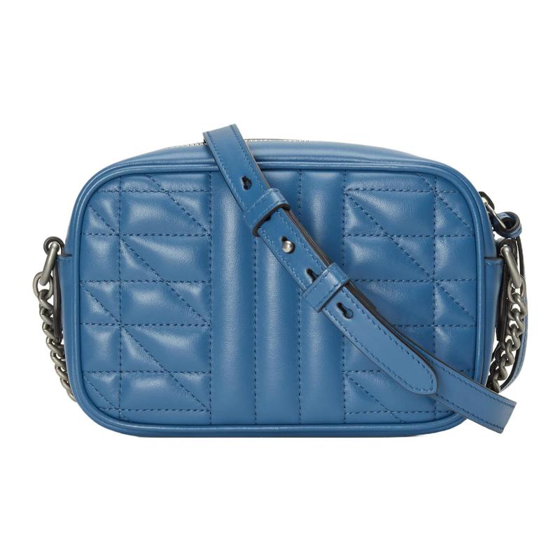 Gucci GG Marmont distressed Marmont silver logo vertical stripe twill quilted chain leather camera bag crossbody bag shoulder bag mini women's blue