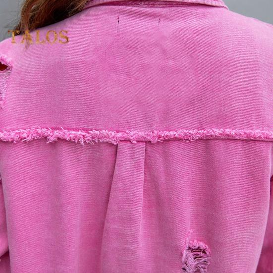 Женская джинсовая куртка в стиле ретро, однобортная, с рваными отверстиями, отложным воротником, длинными рукавами, однотонными карманами с клапанами, женское пальто для поездок на работу и шопинга