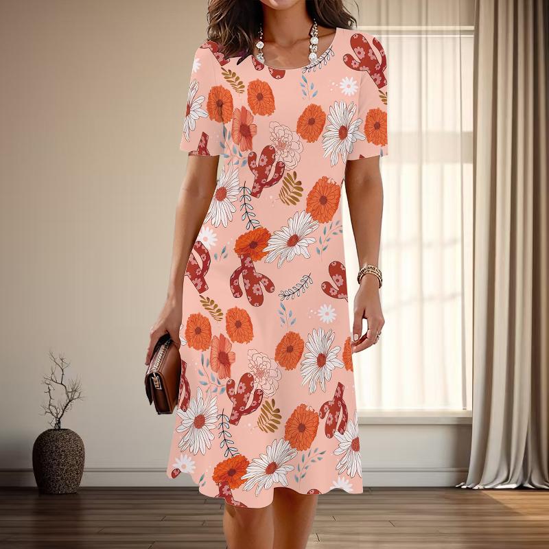 Women's Fashion Graceful Plantain Leaf Print Summer Spring Short Sleeve O-Neck Casual Dresses