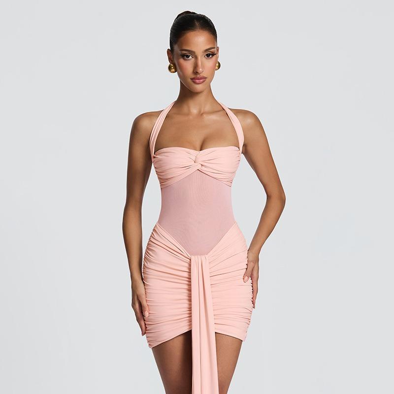 Женское Повседневное Однотонное Сетчатое Пэчворк Скрученное Платье-Топ Bodycon