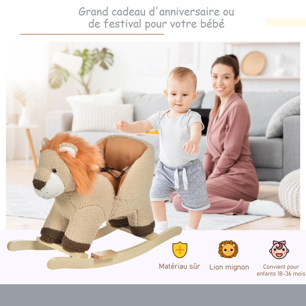 Kids Lion-themed Rocking Horse, with Roaring Sound Button, Seatbelt, Brown