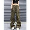 Autumn New High Street American Retro Design Leopard Print Wide Leg Jeans Straight Loose Casual Pants