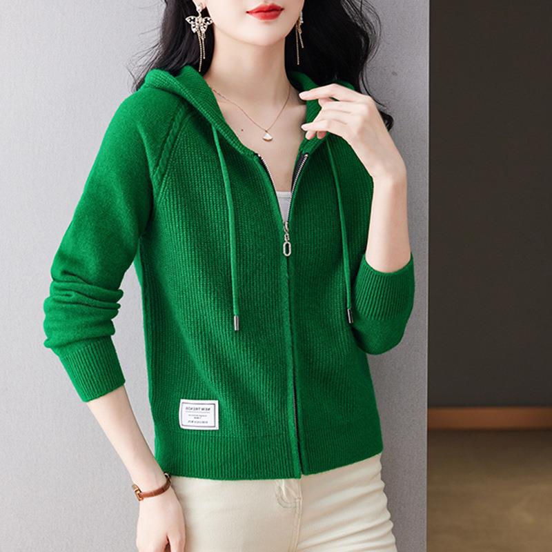 Women's Hooded Sweater Short Zipper Knitted Cardigan Spring Outerwear Hooded Sweater