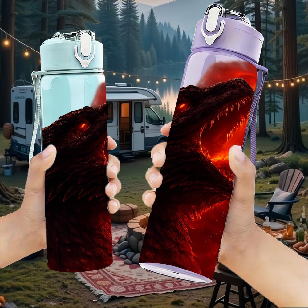 1PC Wolf Fire Flame Dark Art Portrait Print 750ml Color Plastic Sports Water Bottle Leakproof Flip Straw Lid Suitable for Sports Office Home Use