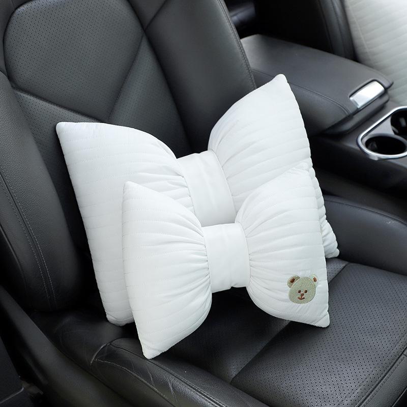 Cartoon Embroidered Bow Car Headrest Neck Pillow: Elastic, Breathable, and Stylish Car Interior Accessory.