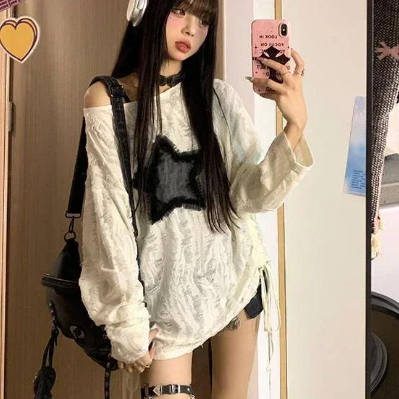 Футболка в стиле гранж, женская модная футболка с принтом звезды Y2k, эстетические свободные футболки Kpop Fairycore, рваная футболка Harajuku, готическая уличная одежда