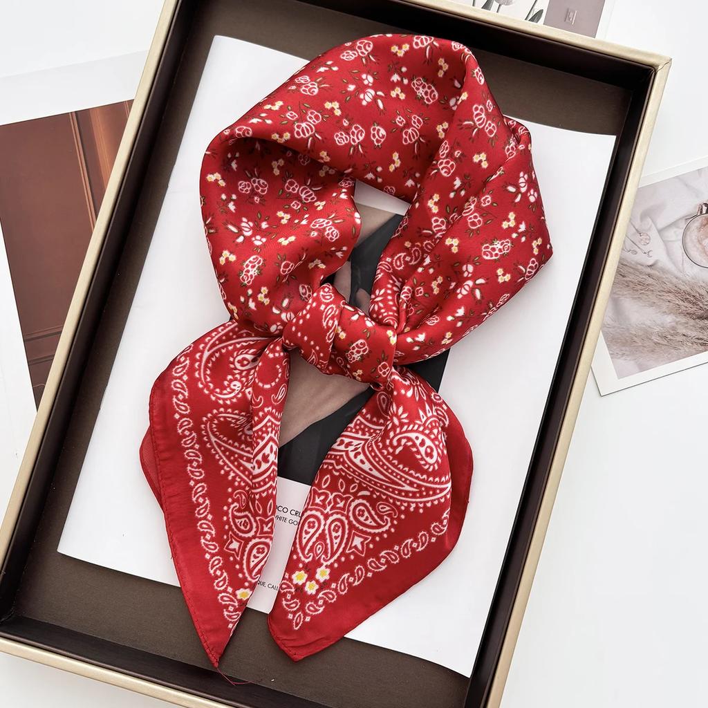 New Flowers Print Shawl Square Scarf for Women Satin Fashion Wraps Neckerchief Female Hair Bands Ribbon Headband Bandana