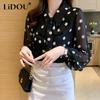 Spring Summer Polka Dot Printing Chiffon Shirt Women Fashion Turn-down Collar Bow Long Sleeve Blouse Female Single Breasted Tops