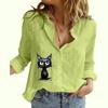 Women Lapel Neck Fashion Buttoned Shirt Spring&summer Thin Cotton Linen Top Casual Cat Print Blouses