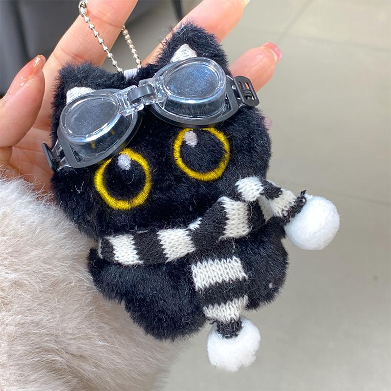 Cute Cartoon Plush Black Cat Keychain Swimming Goggles Cat Stuffed Toys Bag Pendant Hangings Ornament Creative Doll Keyring Gift
