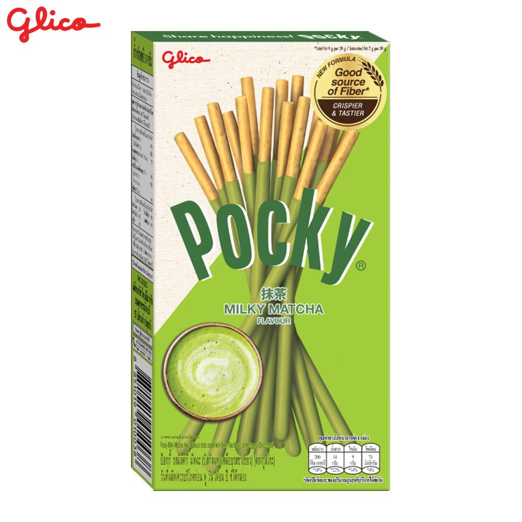 Glico Pocky Milky Matcha Flavour, Biscuit Stick Coated with Milky Matcha Flavour Confectionery, 39 G X 10 Pcs - Thai Snack