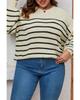 Azura Exchange Khaki Plus Size Striped Drop Shoulder Puff Sleeve Sweater