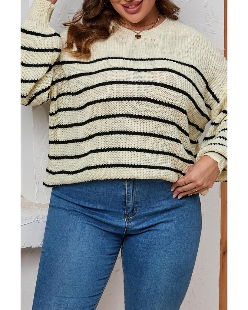 Azura Exchange Khaki Plus Size Striped Drop Shoulder Puff Sleeve Sweater
