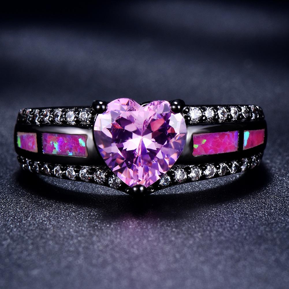 European and American Fashion Style Black Gold Inlaid Colorful Heart Shaped Ring and Bracelet Accessory